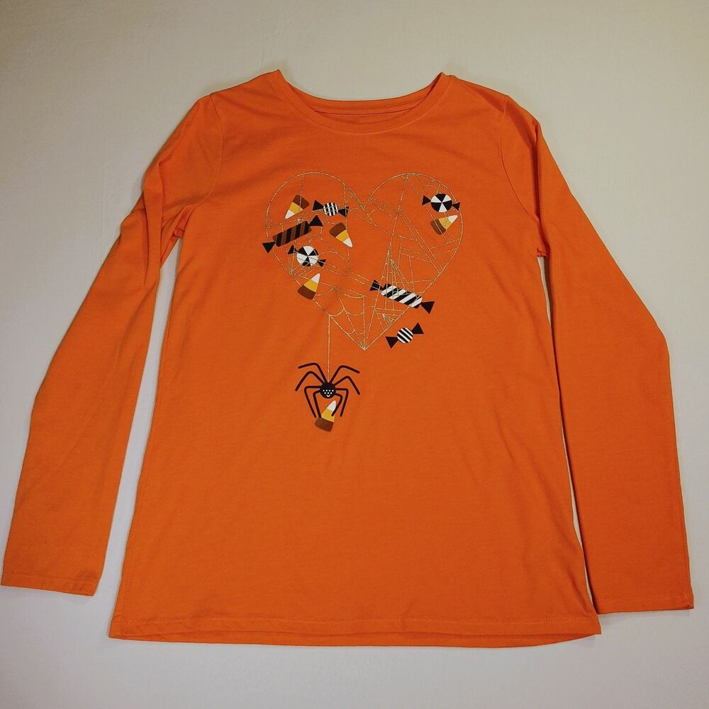 Cat & Jack Girls Sz XL 14-16 Long Sleeve T-Shirt Heart Glitter Web Treats Orange